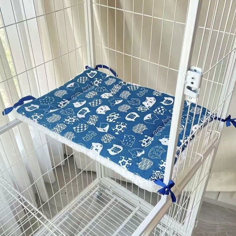 Tie On Cat Cage Platform Pad White Pattern Blue Background 30 X 50Cm Cat Houses