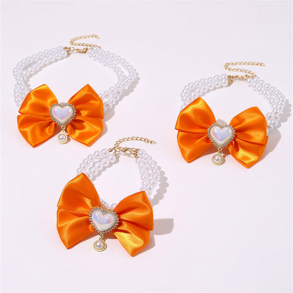 2 Pcs Cute Pet Pearl Necklace Collar With Orange Bow And Heart Charm Size M Dog Collars
