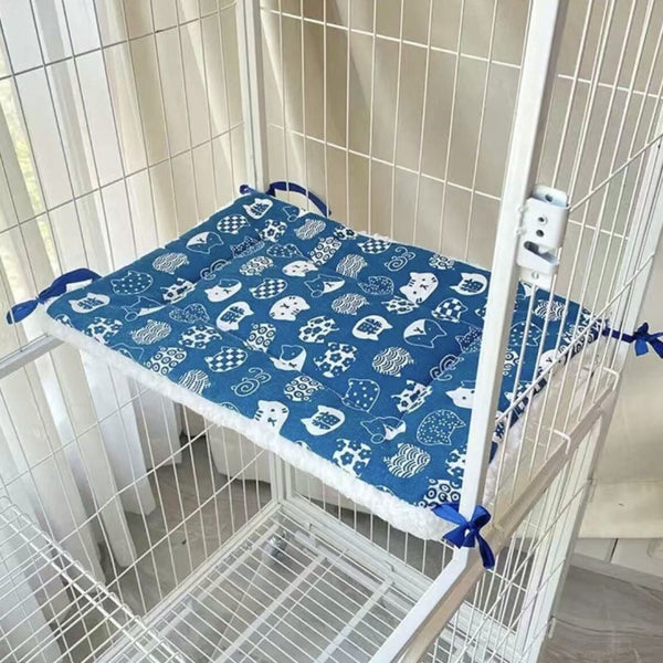 Tie On Cat Cage Platform Pad White Cat Pattern On Blue Background (30X75cm) Pet Beds