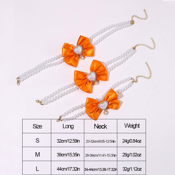 2 Pcs Cute Pet Pearl Necklace Collar With Orange Bow And Heart Charm Size L Dog Collars