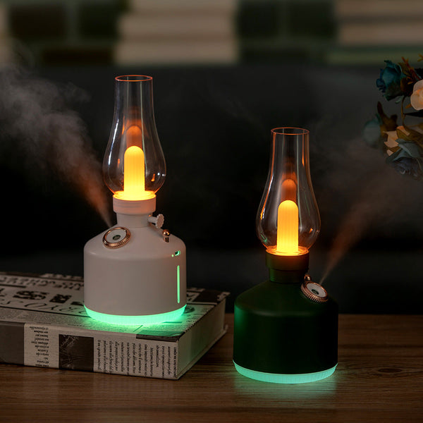 White Retro Kerosene Lamp Humidifier Rechargeable Cool Mist Maker With Dimmable Light Lamps