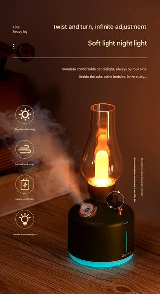 White Retro Kerosene Lamp Humidifier Rechargeable Cool Mist Maker With Dimmable Light Lamps
