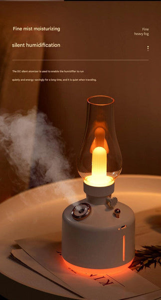 White Retro Kerosene Lamp Humidifier Rechargeable Cool Mist Maker With Dimmable Light Lamps