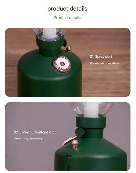 White Retro Kerosene Lamp Humidifier Rechargeable Cool Mist Maker With Dimmable Light Lamps