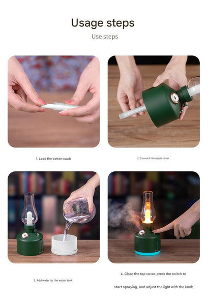 White Retro Kerosene Lamp Humidifier Rechargeable Cool Mist Maker With Dimmable Light Lamps