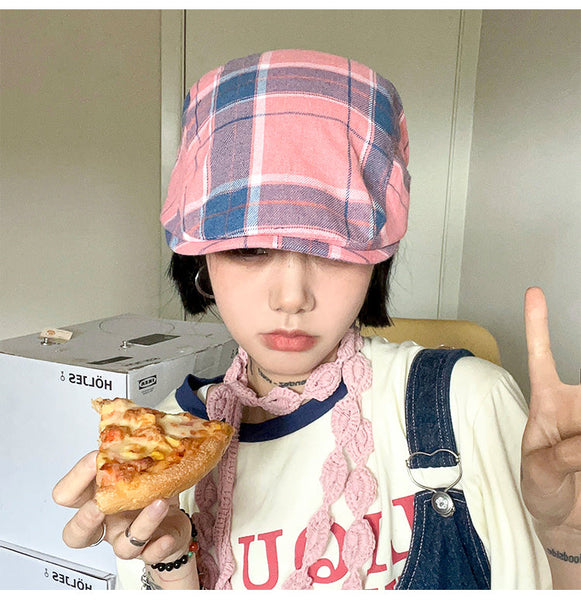 2 Pcs Pink Lightweight Checkered Flat Cap Adjustable Retro Driver Hat For Men & Women Hats