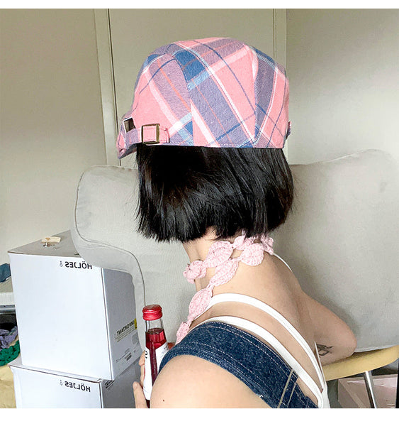 2 Pcs Pink Lightweight Checkered Flat Cap Adjustable Retro Driver Hat For Men & Women Hats