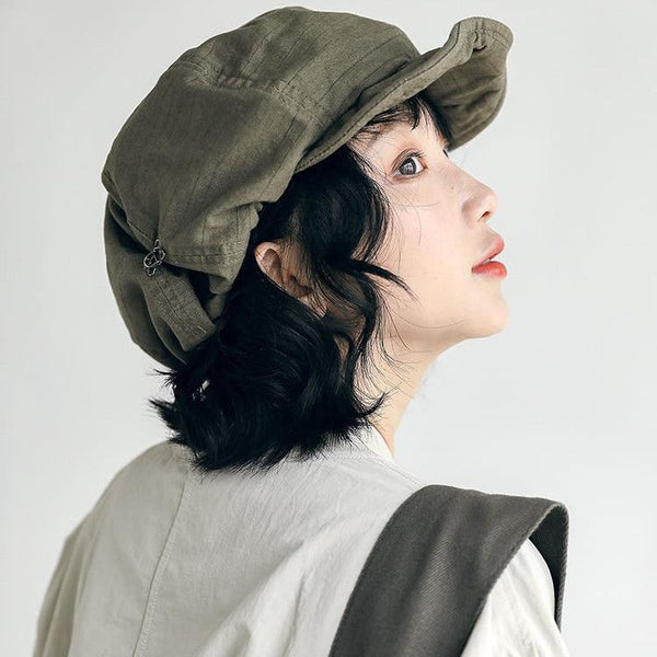 Harajuku Green Women's Vintage Style Baker Boy Cap Soft Cotton Linen Blend Hats