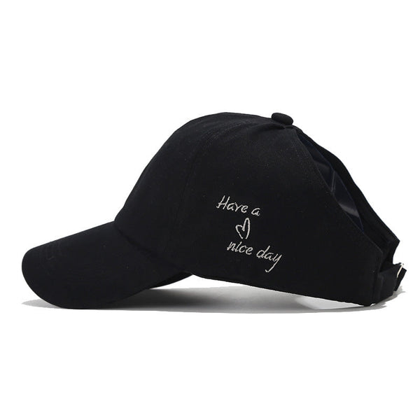 Rose Red Stylish Ponytail Opening Baseball Cap "Have A Nice Day" Embroidery Hats & Headwear