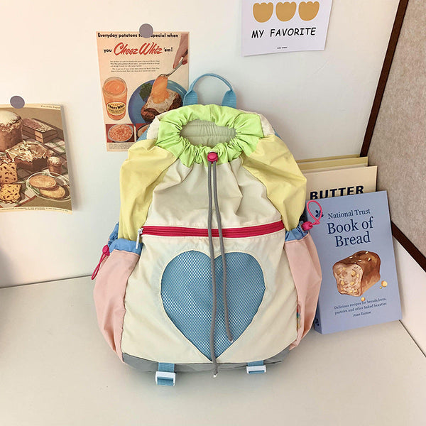 Yellow Colorblock Drawstring Backpack Lightweight Nylon Bag With Heart Mesh Pocket Women Backpacks
