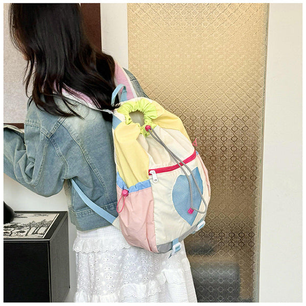 Yellow Colorblock Drawstring Backpack Lightweight Nylon Bag With Heart Mesh Pocket Women Backpacks