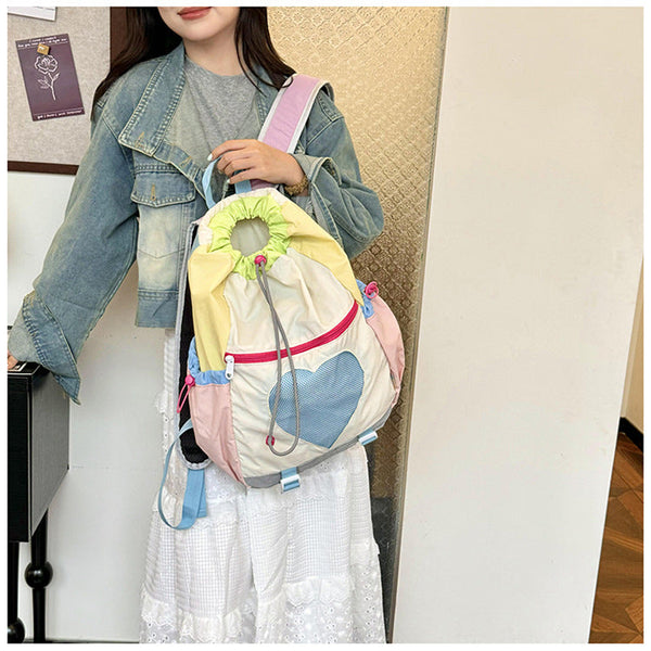 Yellow Colorblock Drawstring Backpack Lightweight Nylon Bag With Heart Mesh Pocket Women Backpacks