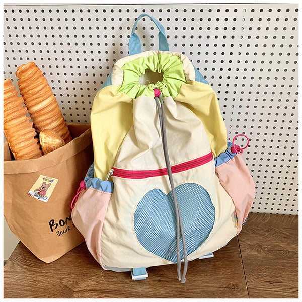 Yellow Colorblock Drawstring Backpack Lightweight Nylon Bag With Heart Mesh Pocket Women Backpacks