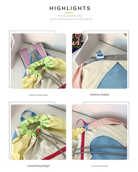 Yellow Colorblock Drawstring Backpack Lightweight Nylon Bag With Heart Mesh Pocket Women Backpacks