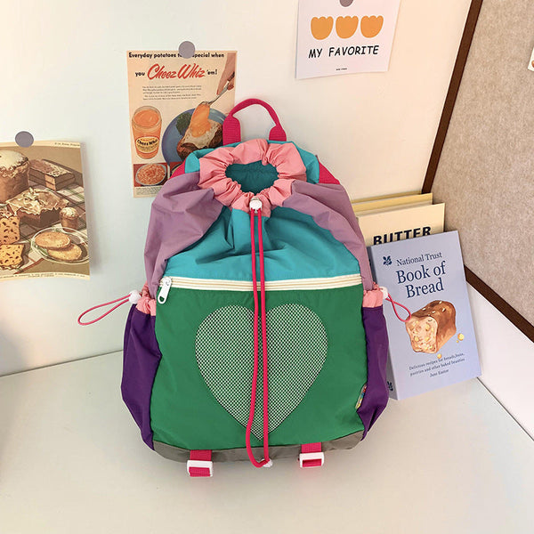 Yellow Colorblock Drawstring Backpack Lightweight Nylon Bag With Heart Mesh Pocket Women Backpacks
