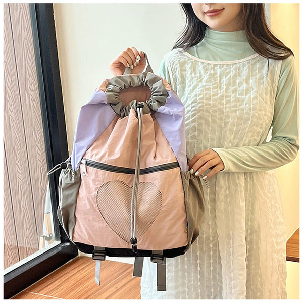 Yellow Colorblock Drawstring Backpack Lightweight Nylon Bag With Heart Mesh Pocket Women Backpacks