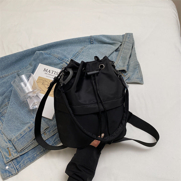 Black Casual Nylon Drawstring Bucket Bag Adjustable Strap Crossbody Purse Women's Bags & Handbags