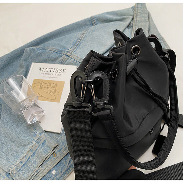 Black Casual Nylon Drawstring Bucket Bag Adjustable Strap Crossbody Purse Women's Bags & Handbags
