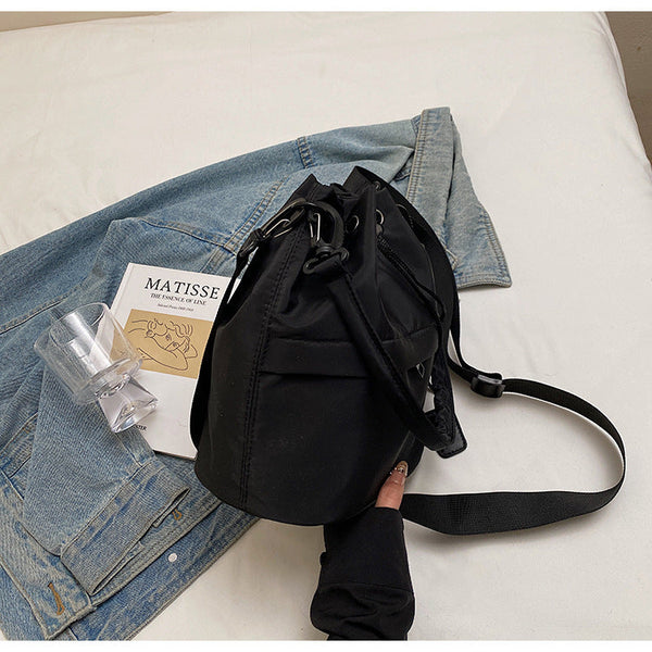 Black Casual Nylon Drawstring Bucket Bag Adjustable Strap Crossbody Purse Women's Bags & Handbags