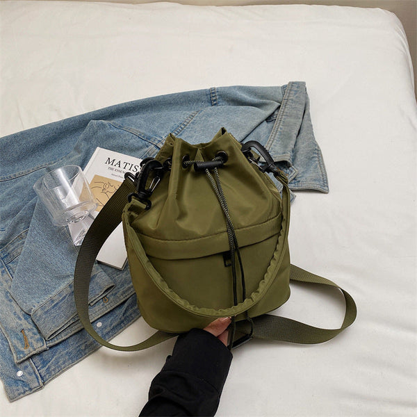 Black Casual Nylon Drawstring Bucket Bag Adjustable Strap Crossbody Purse Women's Bags & Handbags