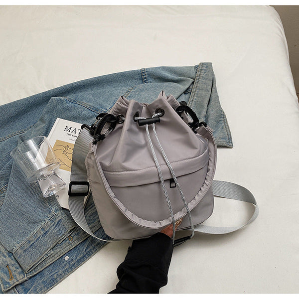 Black Casual Nylon Drawstring Bucket Bag Adjustable Strap Crossbody Purse Women's Bags & Handbags