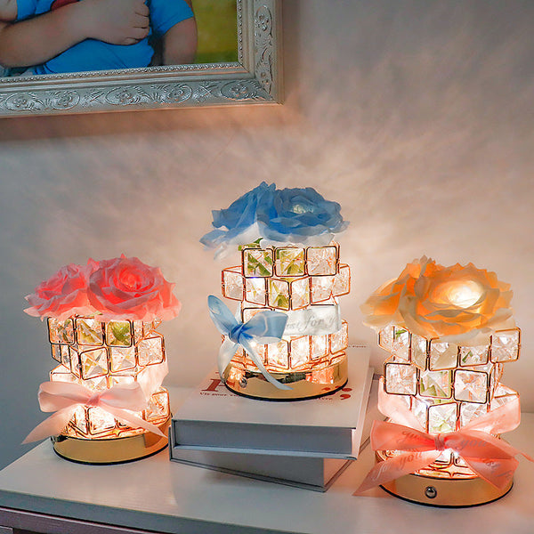 Pink Rose Led Crystal Flower Table Lamp Usb Rechargeable Touch Control Night Light Lamps