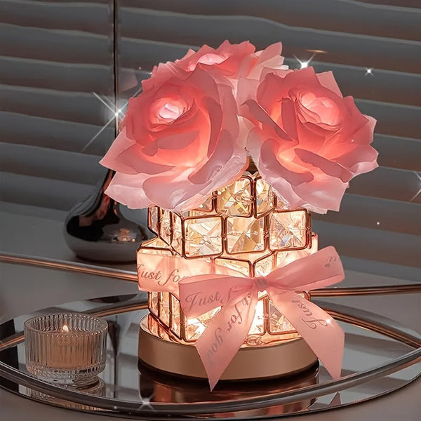 Pink Rose Led Crystal Flower Table Lamp Usb Rechargeable Touch Control Night Light Lamps