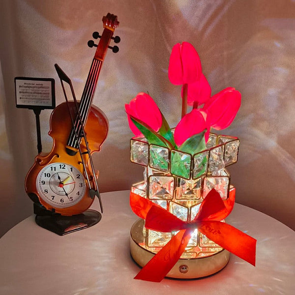 Elosung 1 Sets Of Red Tulips Led Crystal Flower Table Lamp Usb Rechargeable Touch Control Night Light Lamps