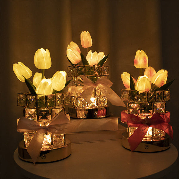 Elosung 1 Sets Of Red Tulips Led Crystal Flower Table Lamp Usb Rechargeable Touch Control Night Light Lamps