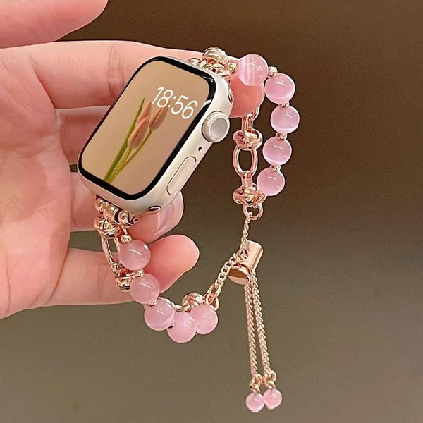 2 Pcs Pink Elegant Cat's Eye Beaded Bracelet Band For Apple Watch Women's Luxury Strap (Compatible Size :38/40/41Mm ) Wristwatch Bands