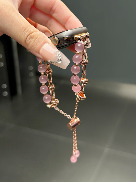 2 Pcs Pink Elegant Cat's Eye Beaded Bracelet Band For Apple Watch Women's Luxury Strap (Compatible Size :38/40/41Mm ) Wristwatch Bands