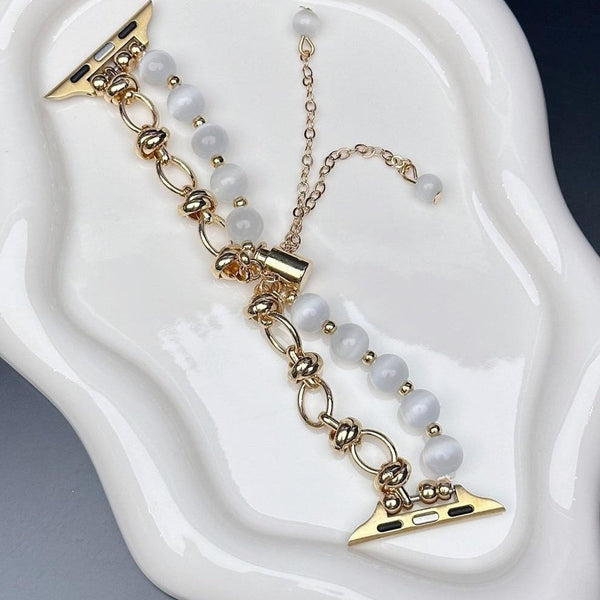2 Pcs Gold Chain With White Beads Elegant Cat's Eye Beaded Bracelet Band For Apple Watch Women's Luxury Strap (Compatible Size :38/40/41Mm ) Wristwatc