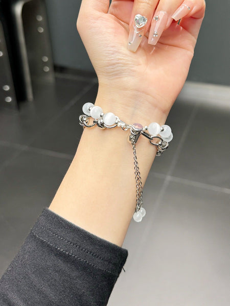 2 Pcs Silver Elegant Cat's Eye Beaded Bracelet Band For Apple Watch Women's Luxury Strap (Compatible Size :38/40/41Mm ) Wristwatch Bands
