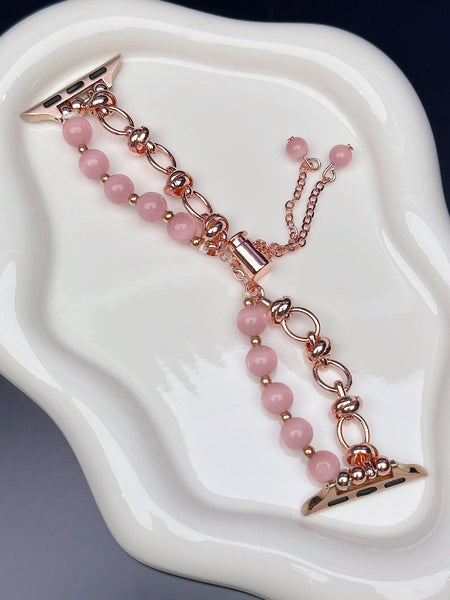 2 Pcs Pink Elegant Cat's Eye Beaded Bracelet Band For Apple Watch Women's Luxury Strap (Compatible Size :42/44/45Mm ) Wristwatch Bands