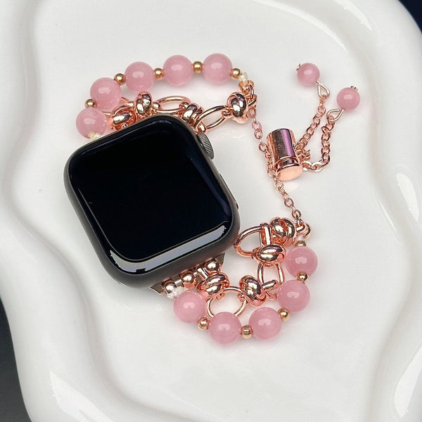 2 Pcs Pink Elegant Cat's Eye Beaded Bracelet Band For Apple Watch Women's Luxury Strap (Compatible Size :42/44/45Mm ) Wristwatch Bands