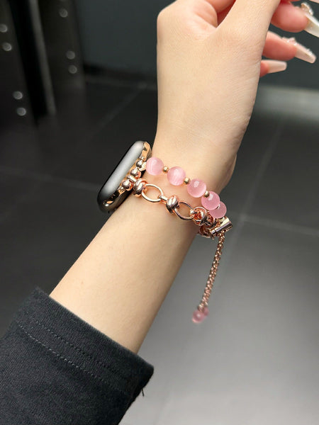 2 Pcs Pink Elegant Cat's Eye Beaded Bracelet Band For Apple Watch Women's Luxury Strap (Compatible Size :42/44/45Mm ) Wristwatch Bands