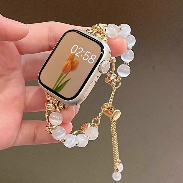 2 Pcs Gold Chain With White Beads Elegant Cat's Eye Beaded Bracelet Band For Apple Watch Women's Luxury Strap (Compatible Size :42/44/45Mm ) Wristwatc