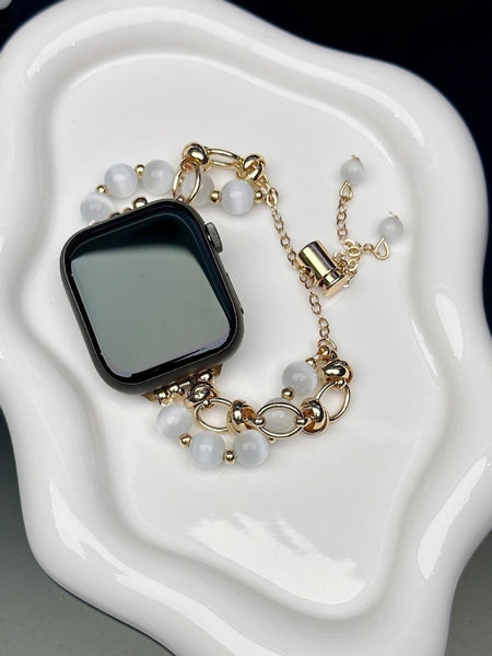 2 Pcs Gold Chain With White Beads Elegant Cat's Eye Beaded Bracelet Band For Apple Watch Women's Luxury Strap (Compatible Size :42/44/45Mm ) Wristwatc
