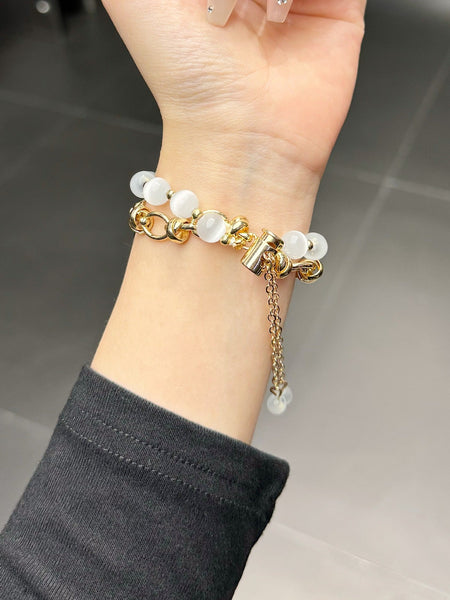 2 Pcs Gold Chain With White Beads Elegant Cat's Eye Beaded Bracelet Band For Apple Watch Women's Luxury Strap (Compatible Size :42/44/45Mm ) Wristwatc