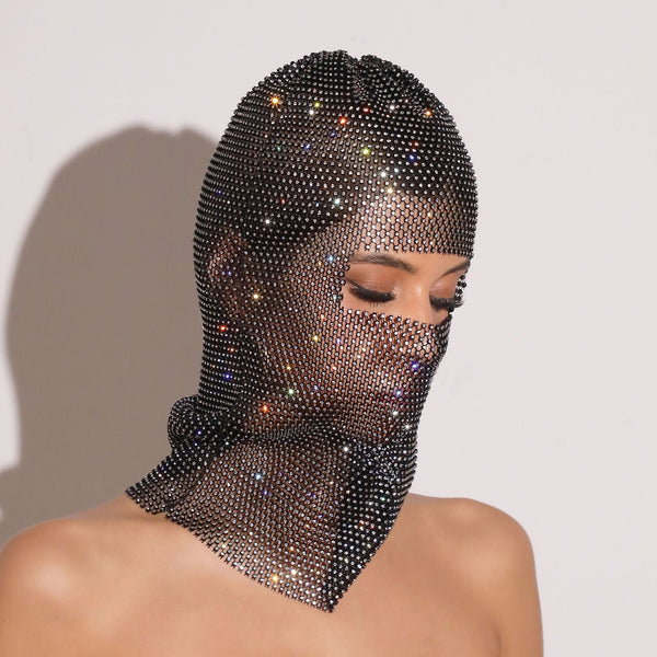 Black Colored Diamonds Glitter Rhinestone Face Balaclava Trendy Music Festival Head Cover 37Cm Balaclavas Masks & Tubes