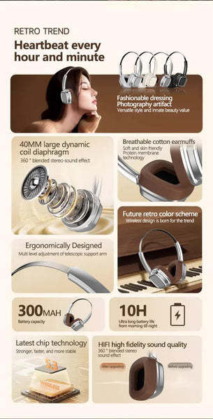 Silver And Brown Compact Retro Wireless Bluetooth Deep Bass Immersive Sound Headphones