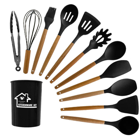 Black And Brown 12 Piece Silicone Kitchen Utensil Set Non Stick Food Grade Cooking Tools With Wooden Handles Holder Serving Utensils & Sets