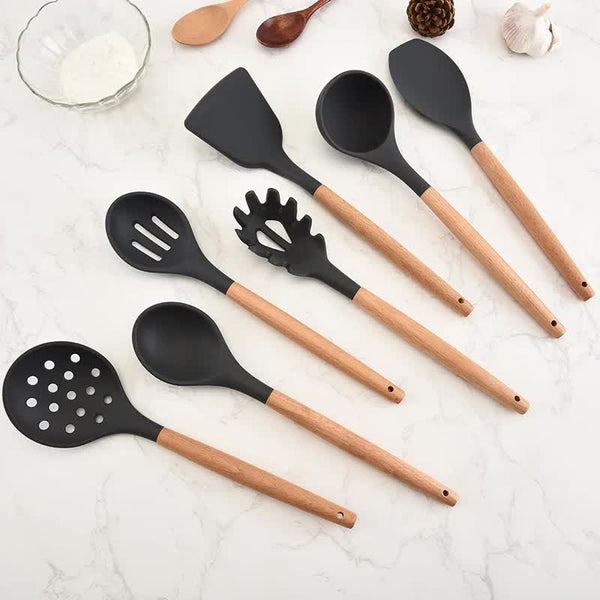 Black And Brown 12 Piece Silicone Kitchen Utensil Set Non Stick Food Grade Cooking Tools With Wooden Handles Holder Serving Utensils & Sets