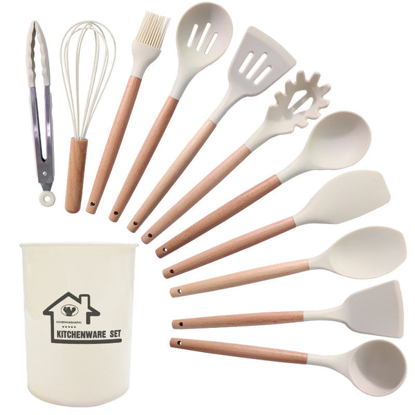 White And Brown 12 Piece Silicone Kitchen Utensil Set Non Stick Food Grade Cooking Tools With Wooden Handles Holder Serving Utensils & Sets