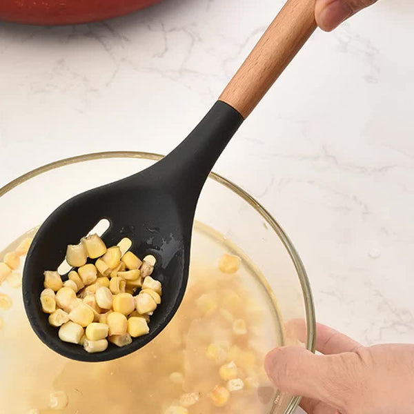 White And Brown 12 Piece Silicone Kitchen Utensil Set Non Stick Food Grade Cooking Tools With Wooden Handles Holder Serving Utensils & Sets