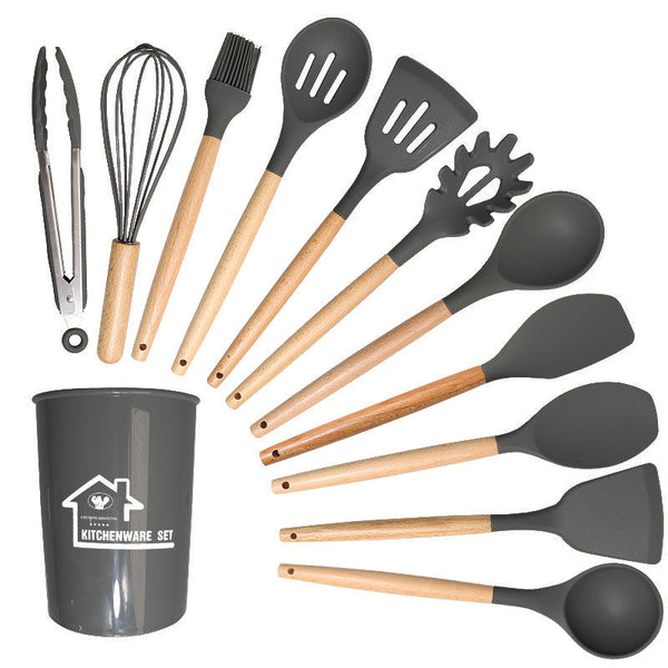 Dark Grey And Brown 12 Piece Silicone Kitchen Utensil Set Non Stick Food Grade Cooking Tools With Wooden Handles Holder Serving Utensils & Sets