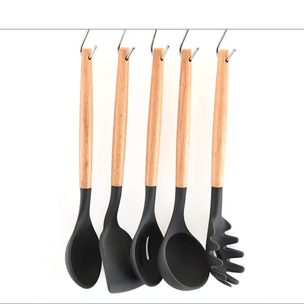 Dark Grey And Brown 12 Piece Silicone Kitchen Utensil Set Non Stick Food Grade Cooking Tools With Wooden Handles Holder Serving Utensils & Sets