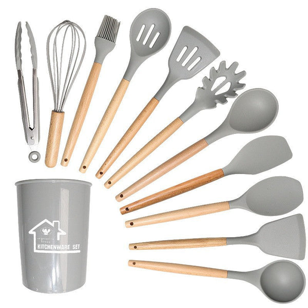 White And Brown 12 Piece Silicone Kitchen Utensil Set Non Stick Food Grade Cooking Tools With Wooden Handles Holder Serving Utensils & Sets