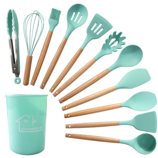 Green And Brown 12 Piece Silicone Kitchen Utensil Set Non Stick Food Grade Cooking Tools With Wooden Handles Holder Serving Utensils & Sets