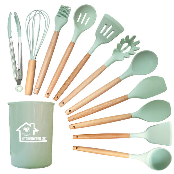 White And Brown 12 Piece Silicone Kitchen Utensil Set Non Stick Food Grade Cooking Tools With Wooden Handles Holder Serving Utensils & Sets